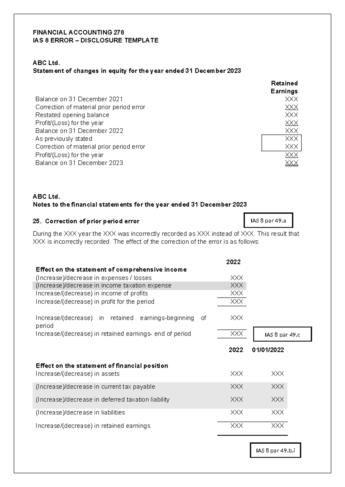 FINANCIAL ACCOUNTING 278 IAS 8 Error Disclosure Template 2023 - Studocu