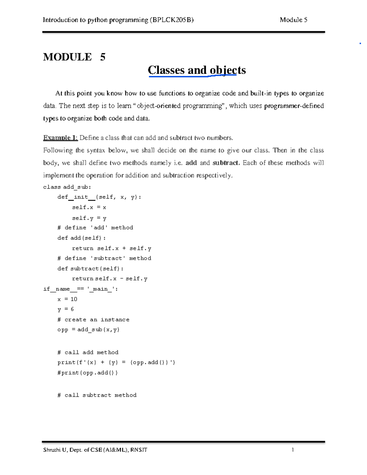 Python Programming Concepts: Classes and Methods (BPLCK205B) Module 5 ...