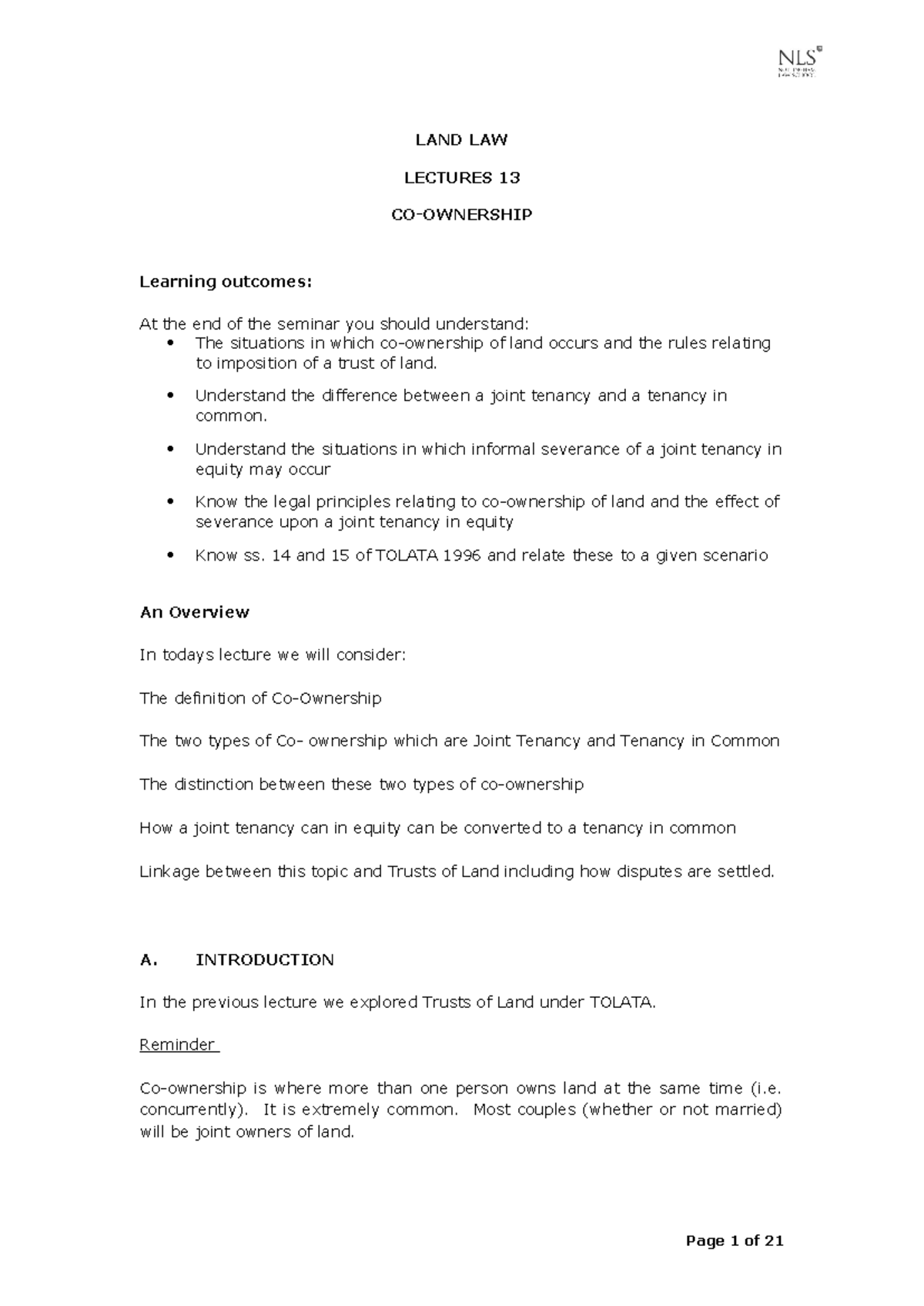 Lecture 13: Co-Ownership of Land in Land Law (TOLATA 1996) - Studocu