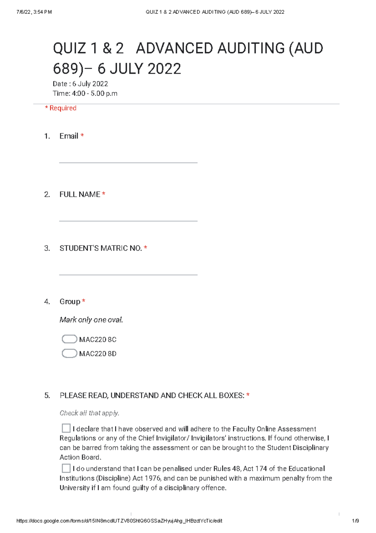 QUIZ 1 & 2 ADVANCED AUDITING (AUD 6 JULY 2022) - Studocu