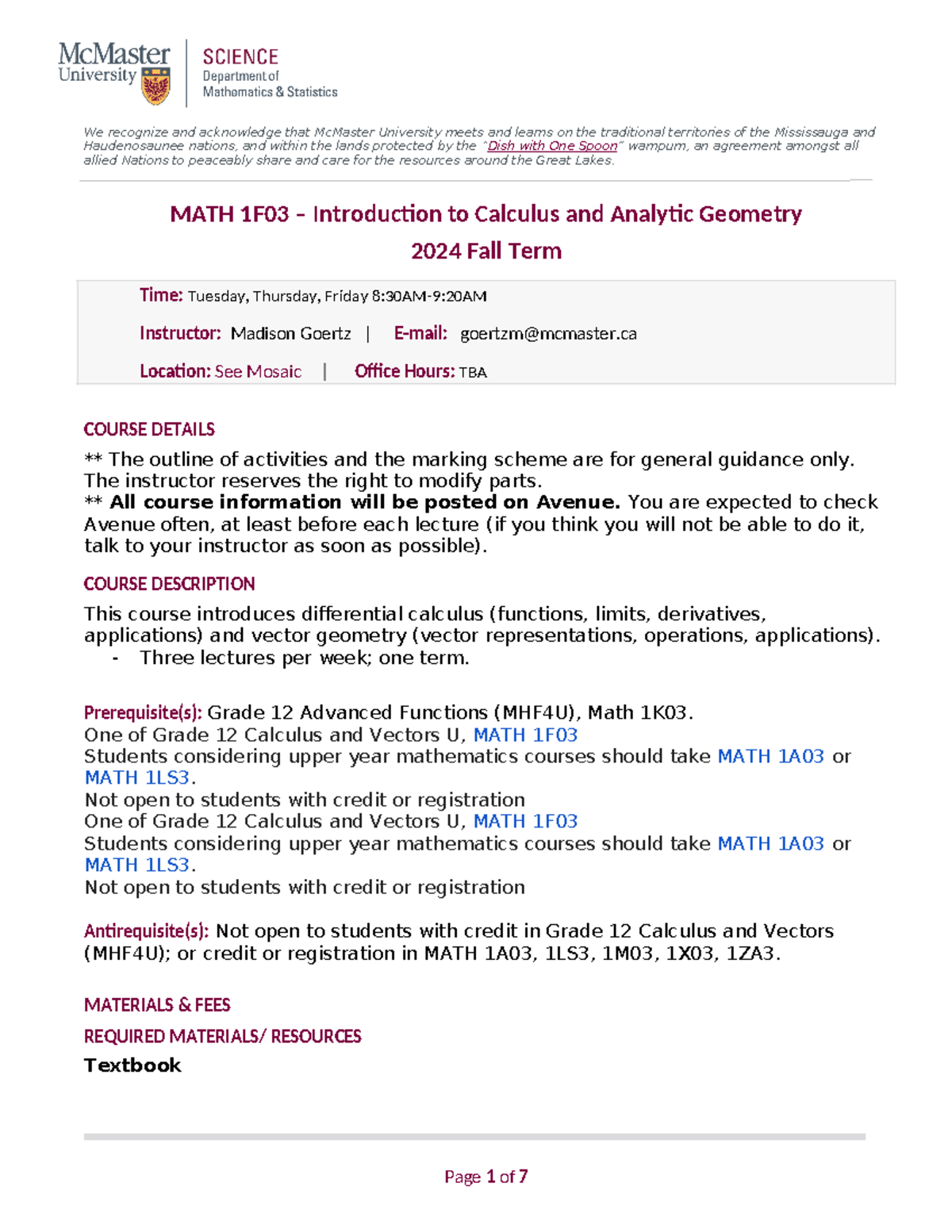 MATH 1F03 Fall 2024 - math - We recognize and acknowledge that McMaster ...