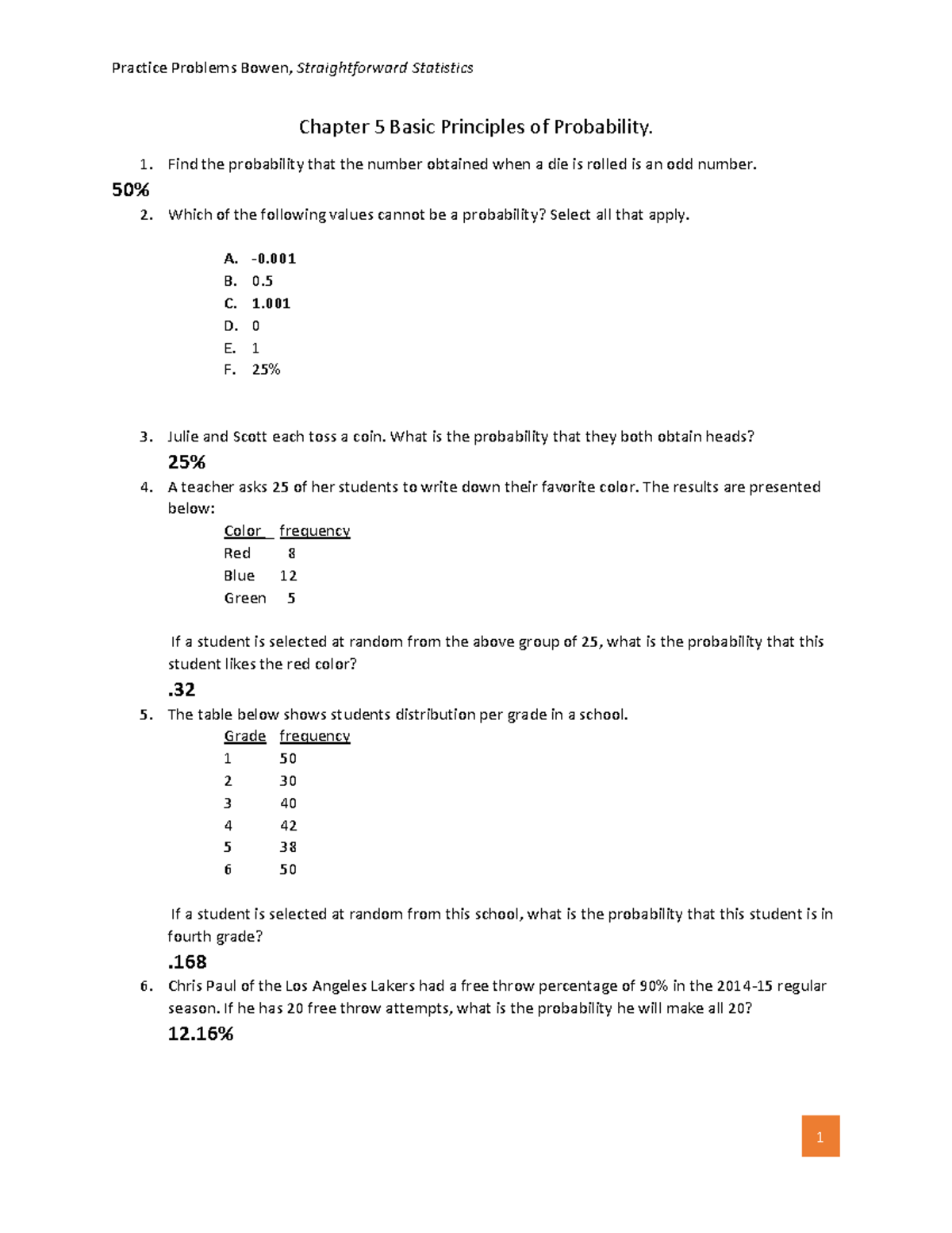 Homework Problems Chapter 5 - Practice Problems Bowen, Statistics ...
