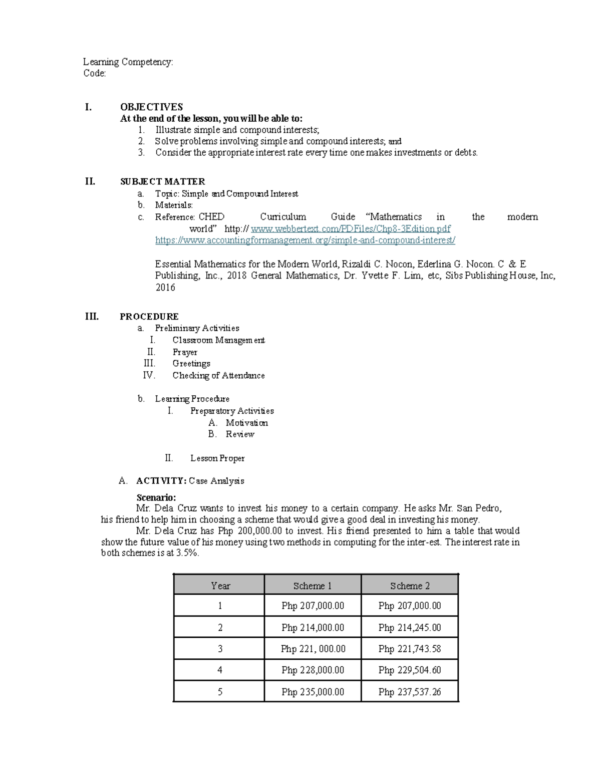 Mathematics Lesson Plan: Simple & Compound Interest (Code: MATH101 ...
