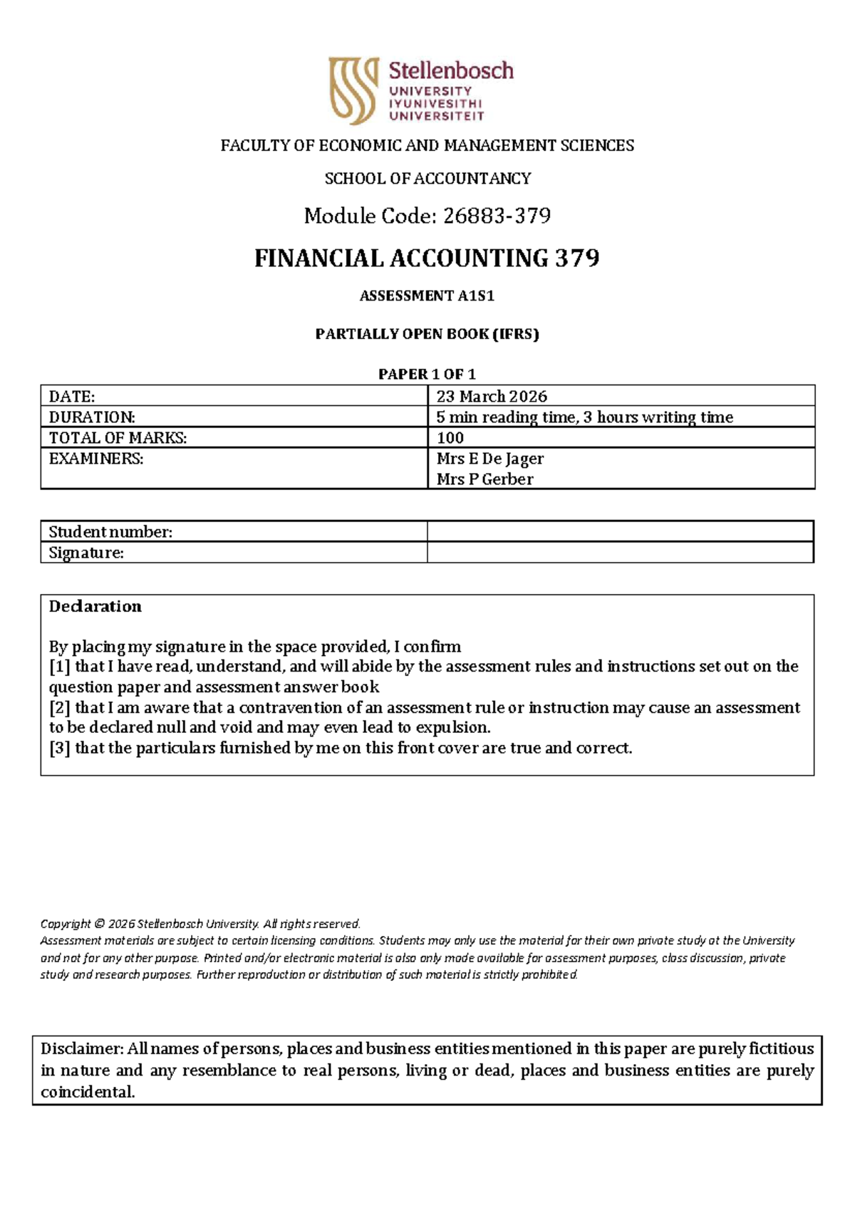 Financial Accounting 379 - A1S1 2026: Open Book Exam Guidelines and ...
