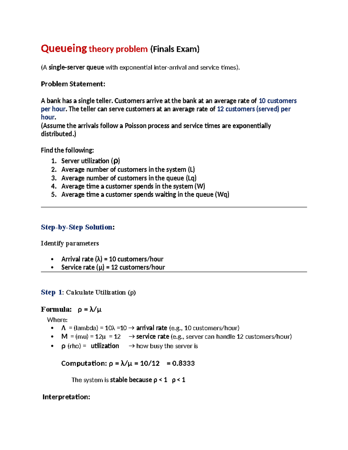 Queueing Theory Problem (Finals Exam) - Single Teller Analysis - Studocu