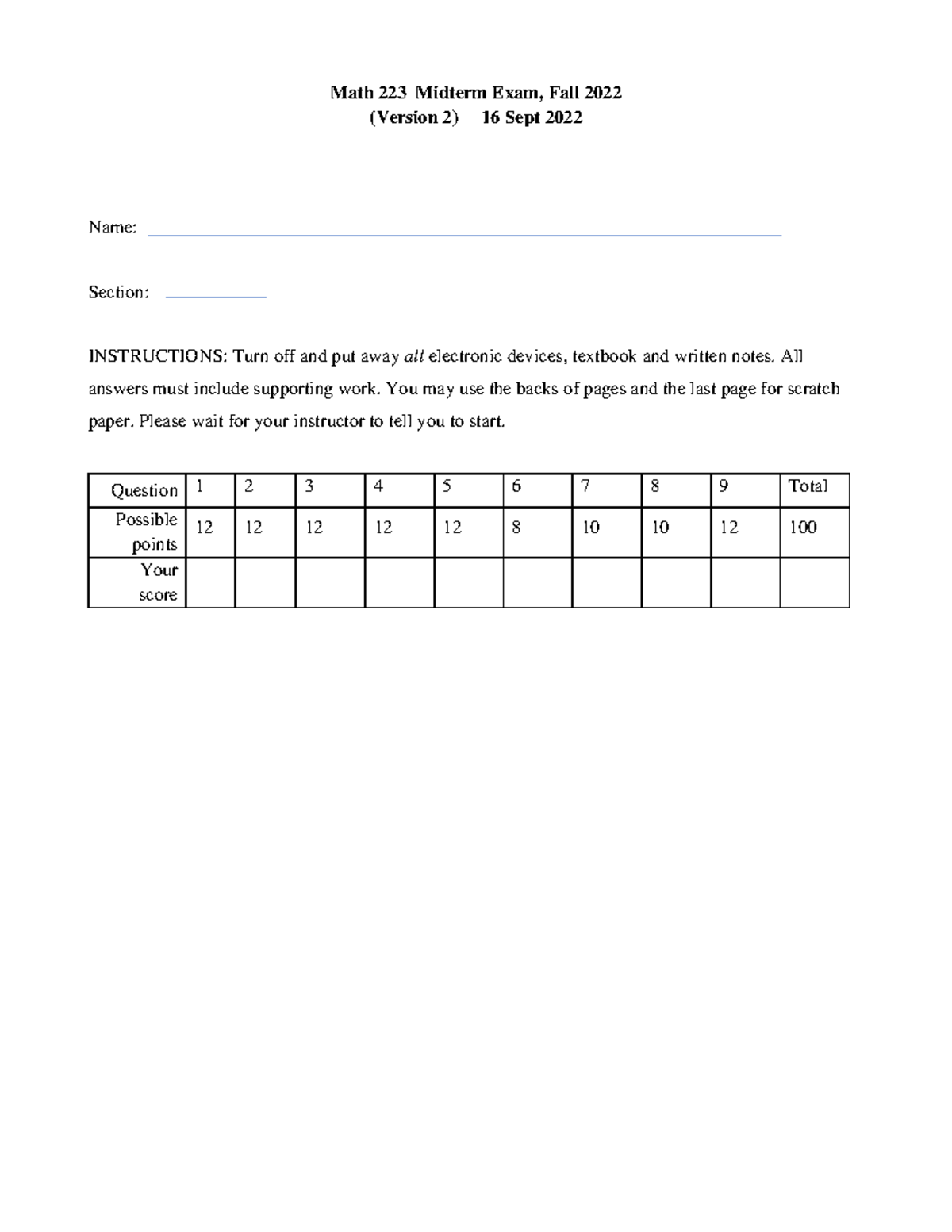 Math 223 Fall 2022 Midterm Exam (Version 2) - Studocu