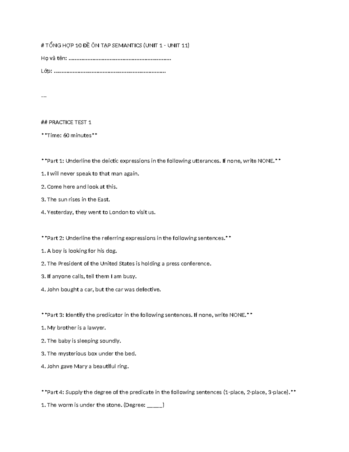 TỔNG HỢP 10 ĐỀ ÔN TẬP SEMANTICS (UNIT 1 - UNIT 11) - Studocu