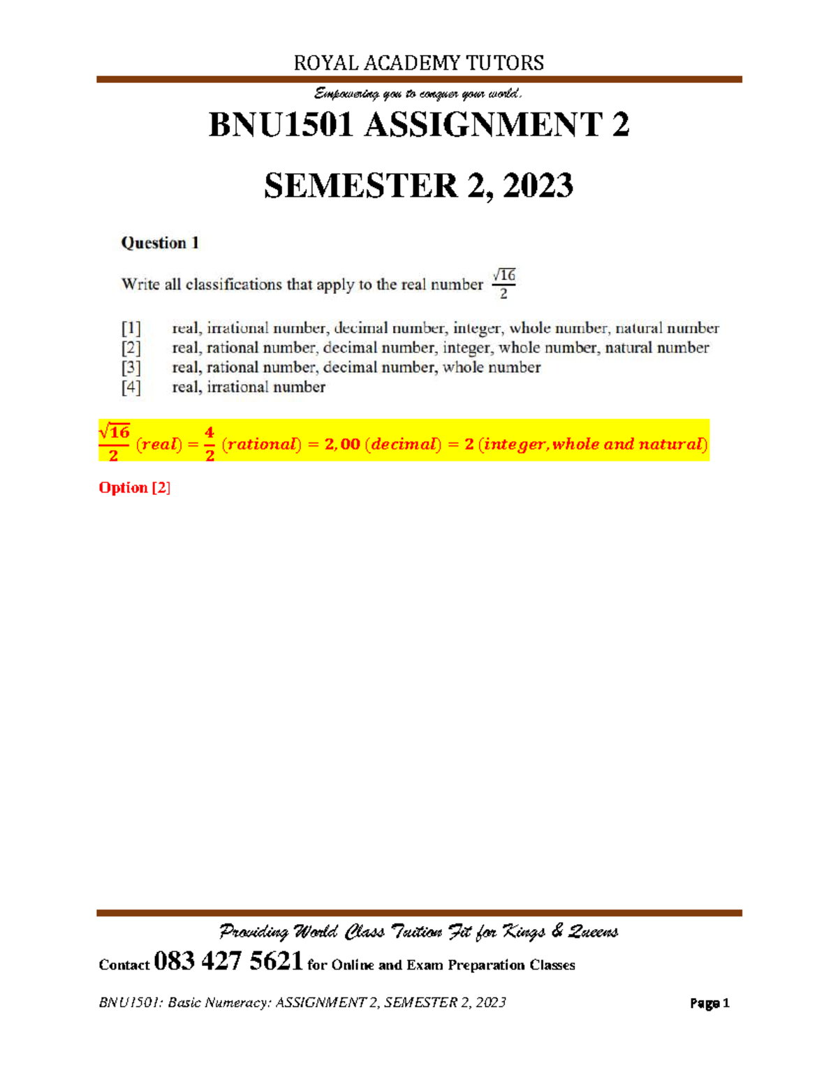 BNU1501: Basic Numeracy Assignment 2 Solutions, Semester 2, 2023 - Studocu