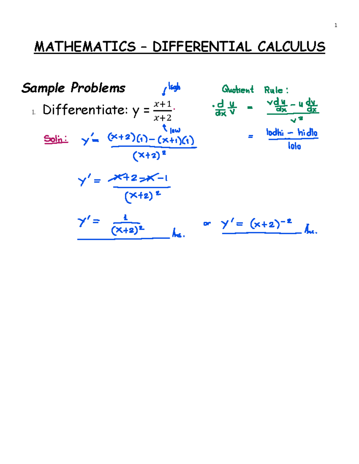 Differential Calculus Sample Problems - Cal1 Study Guide - Studocu