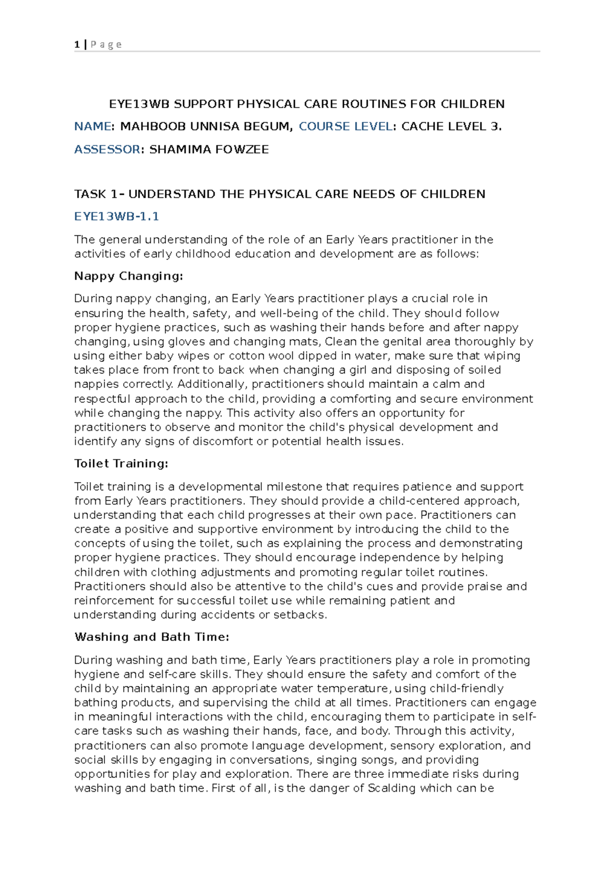 EYE13WB Support for Physical Care Routines in Early Childhood - Studocu