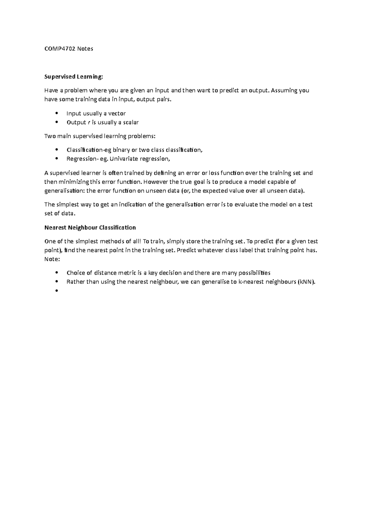 COMP4702 Supervised Learning Notes: Classification & Regression - Studocu