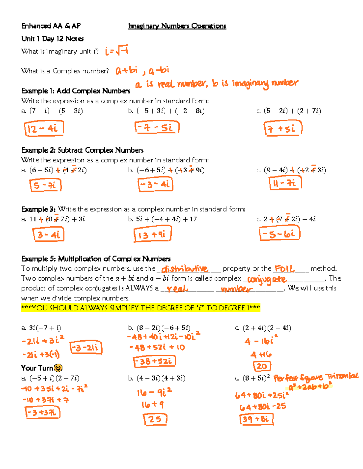 Enhanced AA AP Imaginary Numbers Operations Unit 1 Day 12 Notes - Studocu