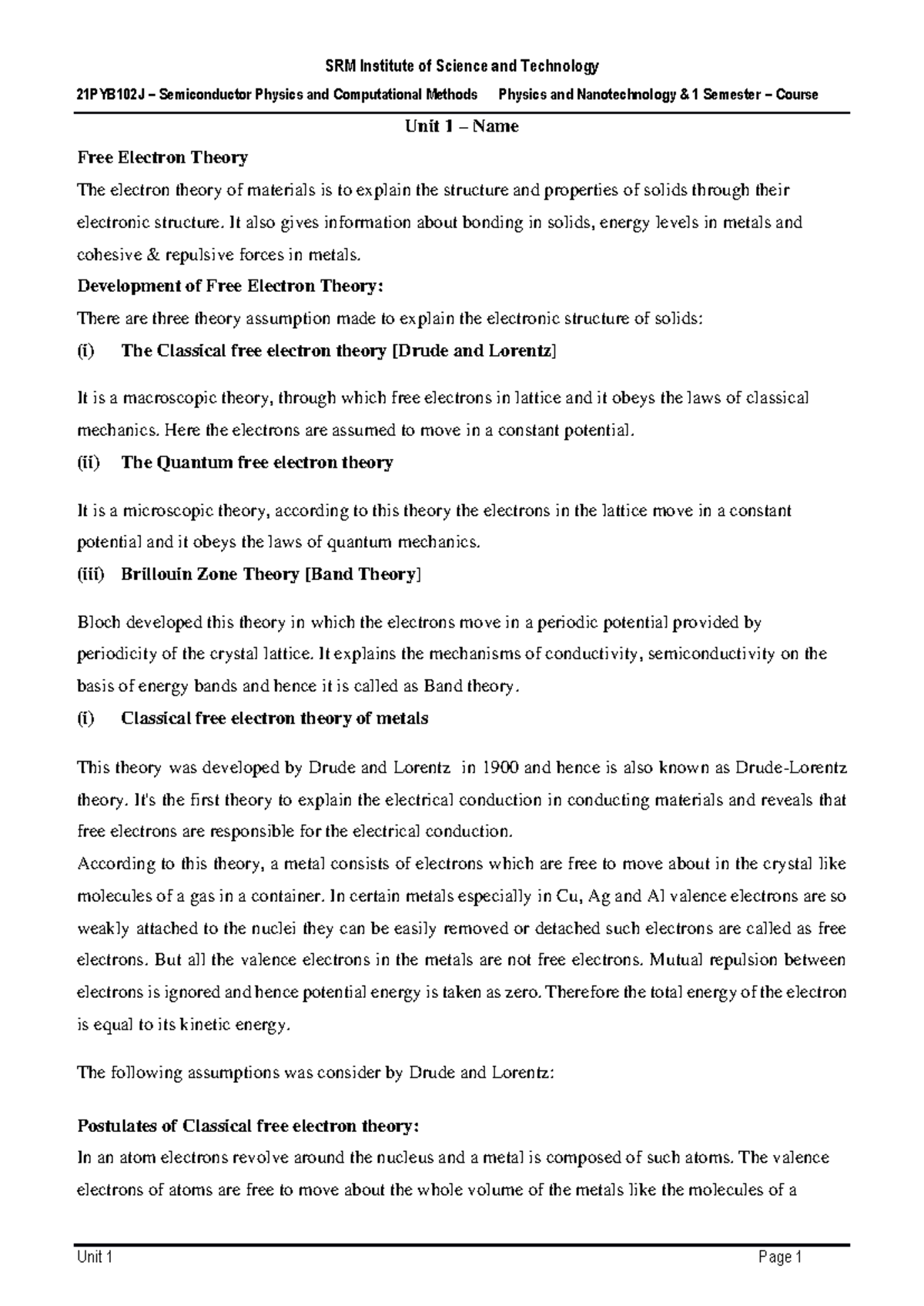 21PYB102J Semiconductor Physics: Unit 1 Notes on Free Electron Theory ...