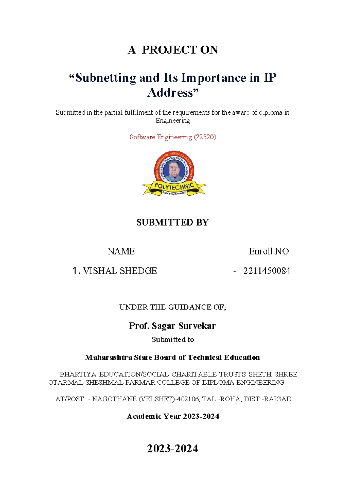 Micro Project Report: Subnetting & Its Importance in IP Address - 22520 ...
