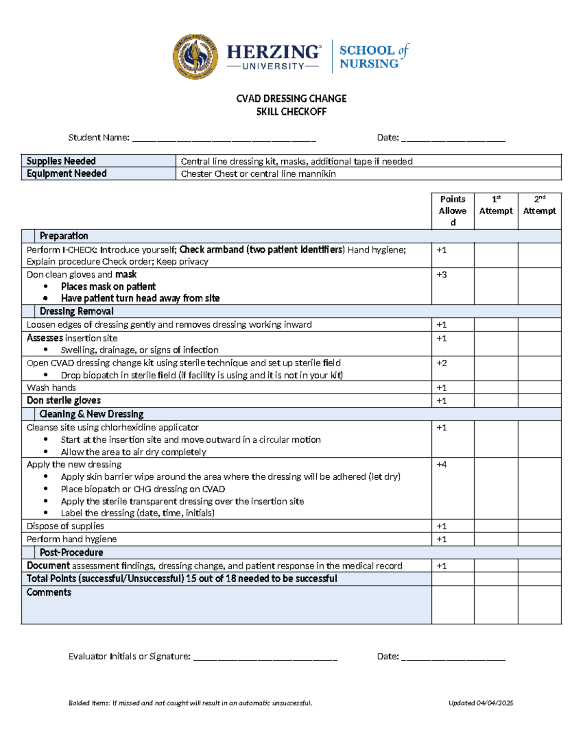 CVAD DRESSING CHANGE SKILL CHECKOFF: Central Line Procedure Guide - Studocu
