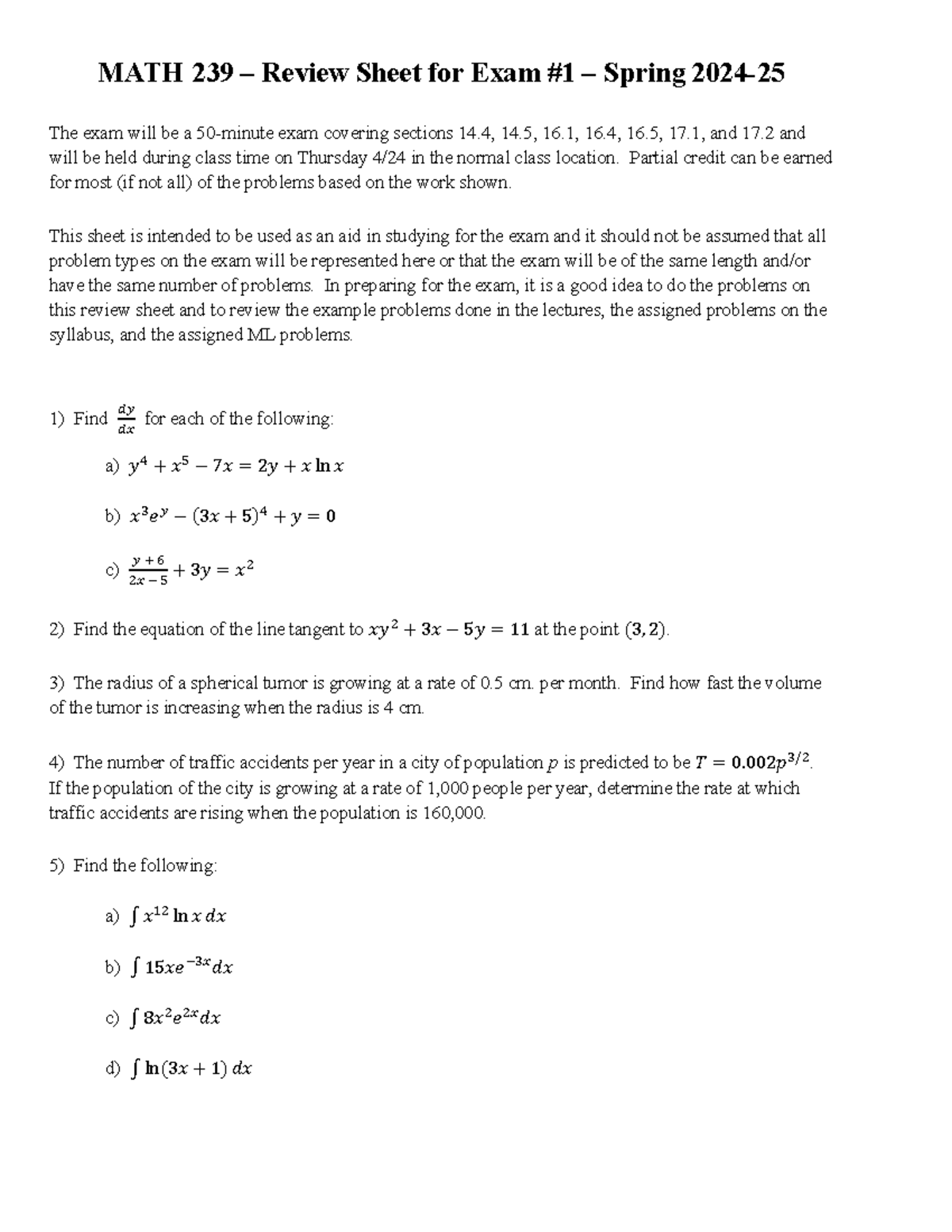 MATH 239 X1 Review Sheet and Solutions Spring 2024-25-2 - MATH 239 ...