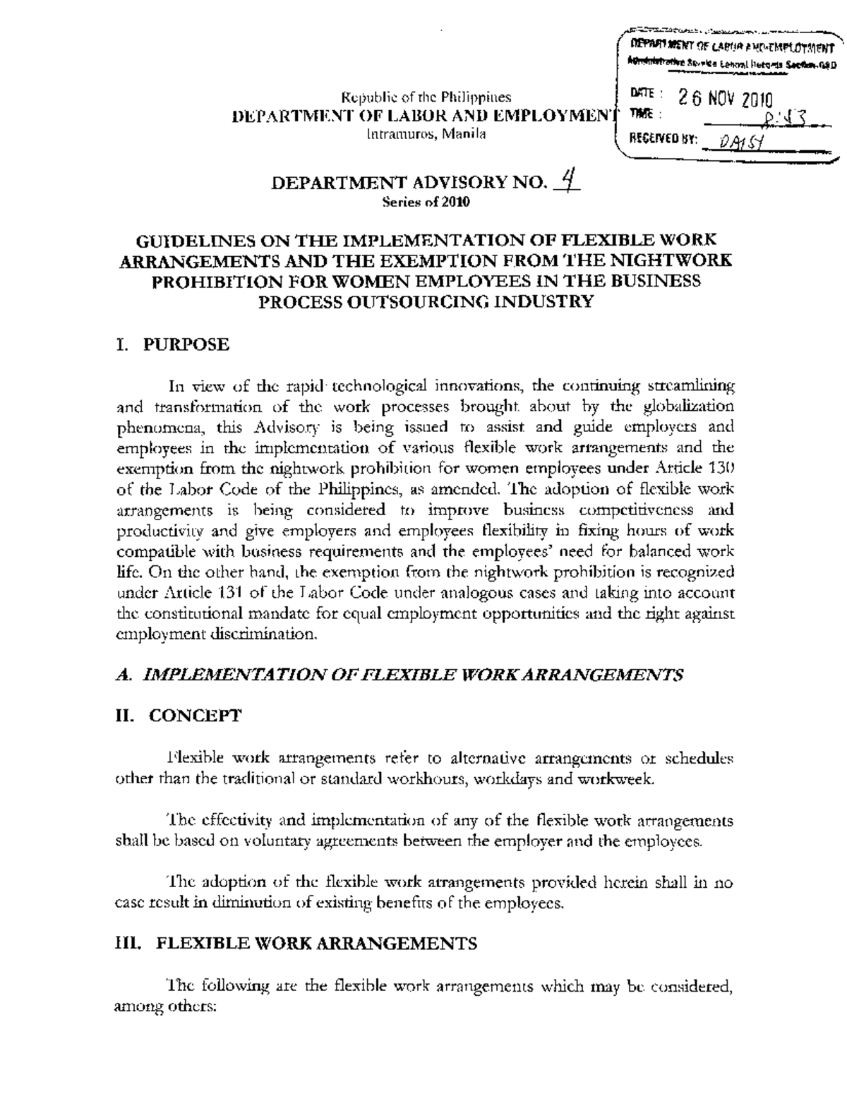 Dept Advisory 04-10-2: Guidelines on Flexible Work Arrangements - Studocu