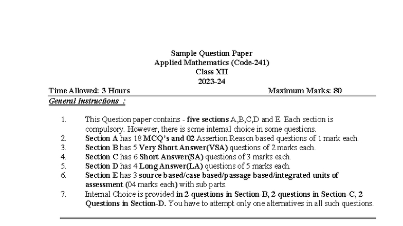Sample Question Paper: Applied Mathematics Class XII (Max Marks: 80 ...