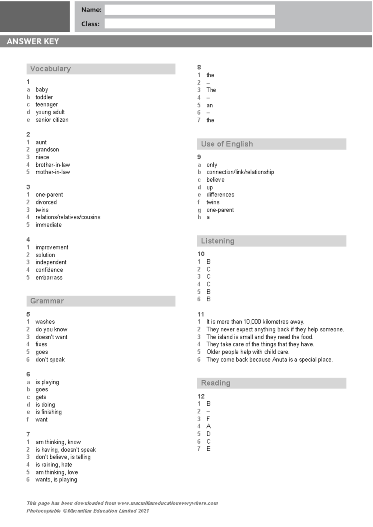 B1 U1 Vocabulary & Grammar Test: Higher Answer Key - Studocu