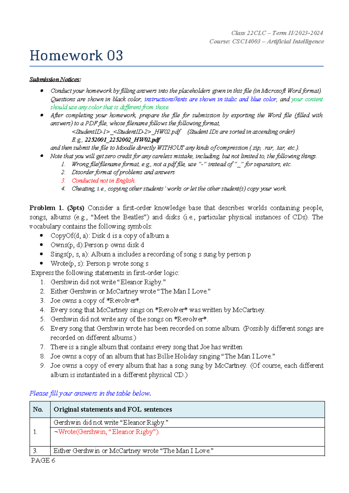 2324 CSC14003 22CLC02 Homework 03 - Term II/2023 Instructions & FOL ...