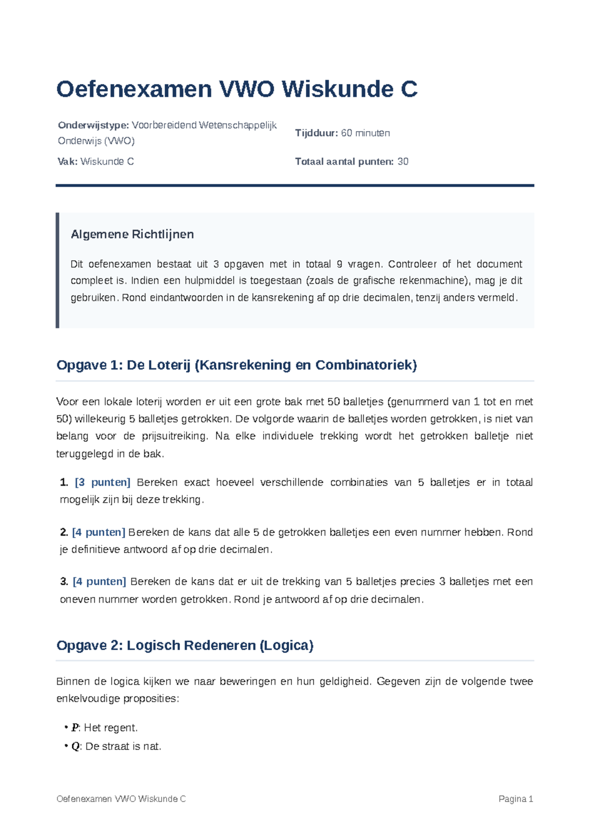 Oefenexamen VWO Wiskunde C - Kansrekening, Logica en Bacteriegroei ...