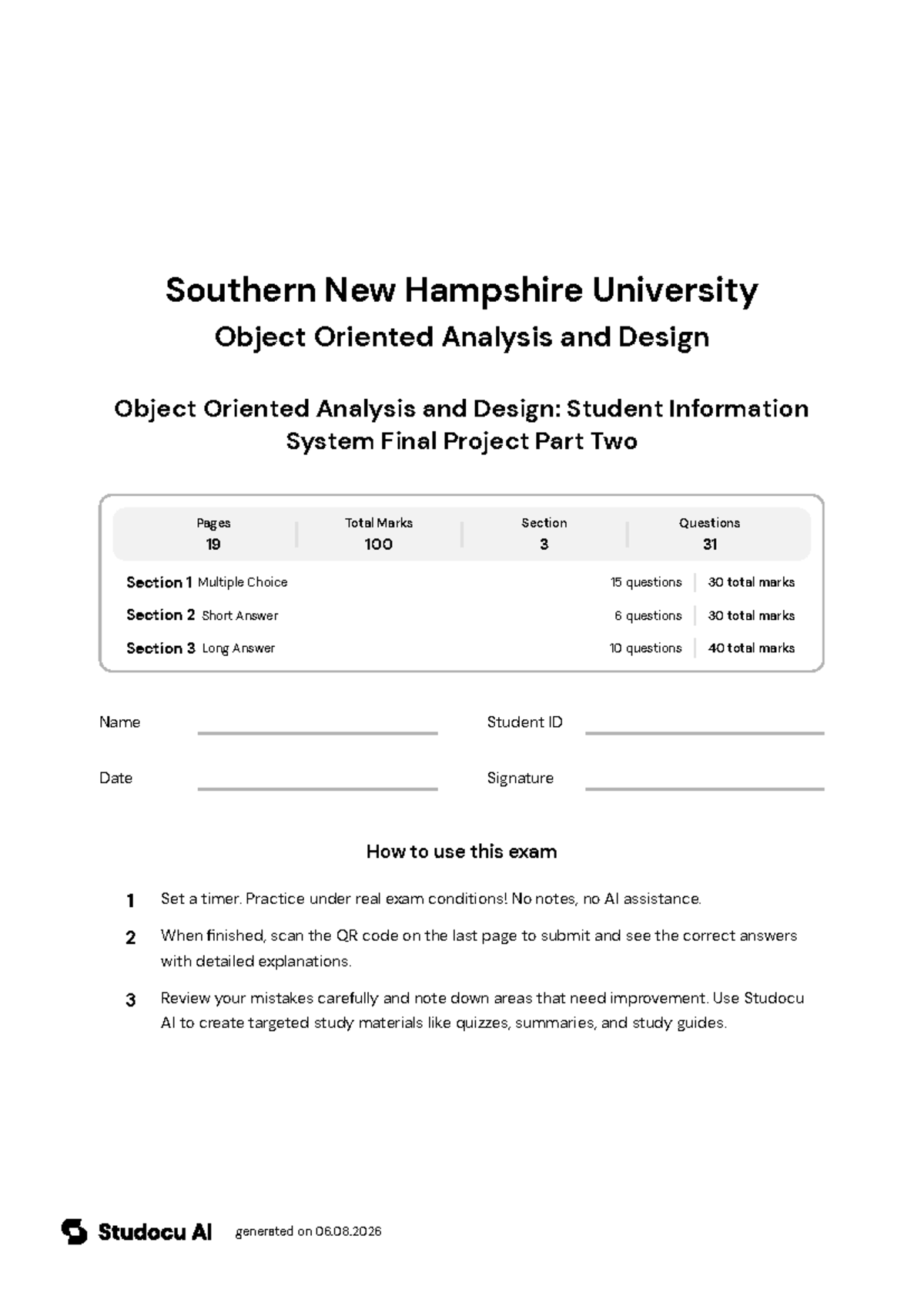 Object Oriented Analysis and Design: SIS Final Exam - Studocu