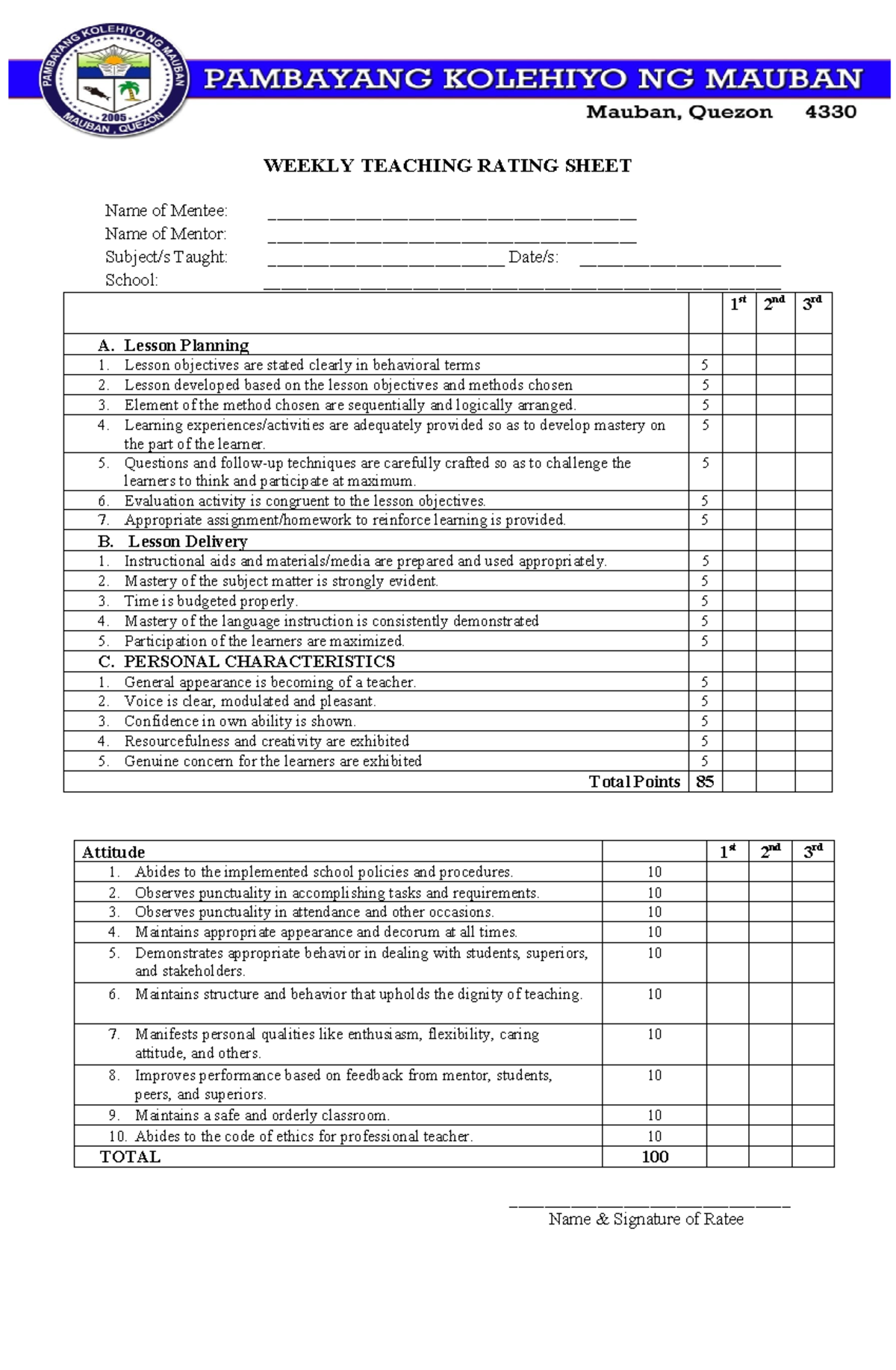 Weekly- Teaching- Rating- Sheet - WEEKLY TEACHING RATING SHEET Name of ...