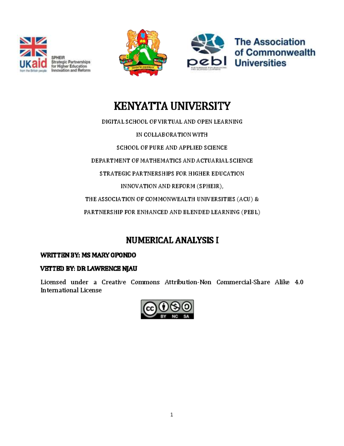SMA 330 Numerical Analysis I: Lecture Notes & E-Tivities Compilation ...