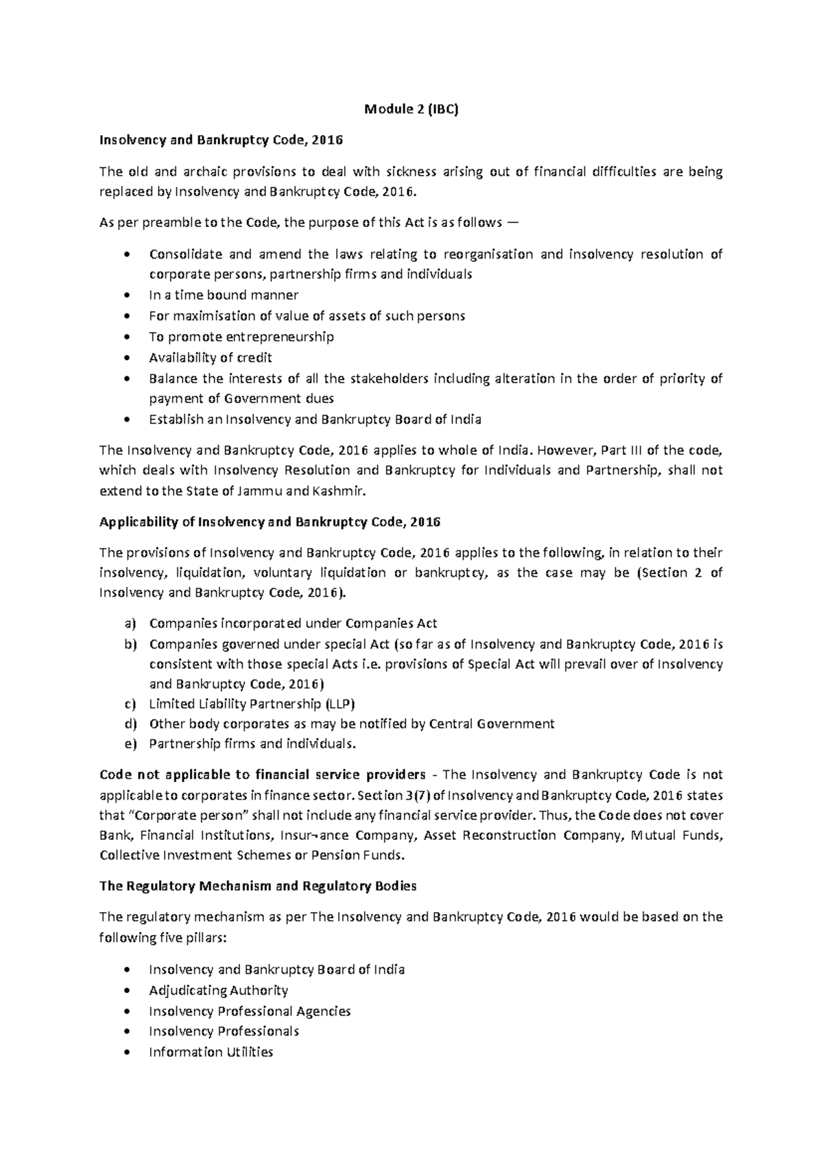Module 2 - IBC Notes: Understanding the Insolvency Framework - Studocu