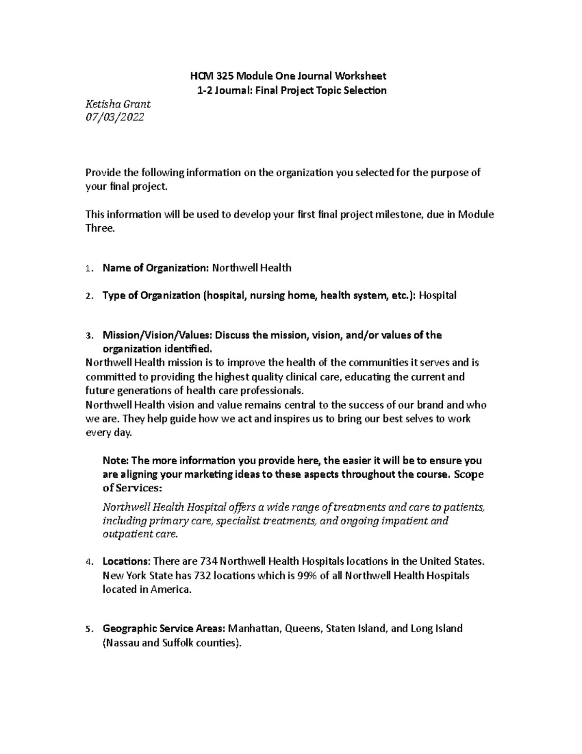 HCM 325 Module One Journal: Final Project Topic Selection Worksheet ...