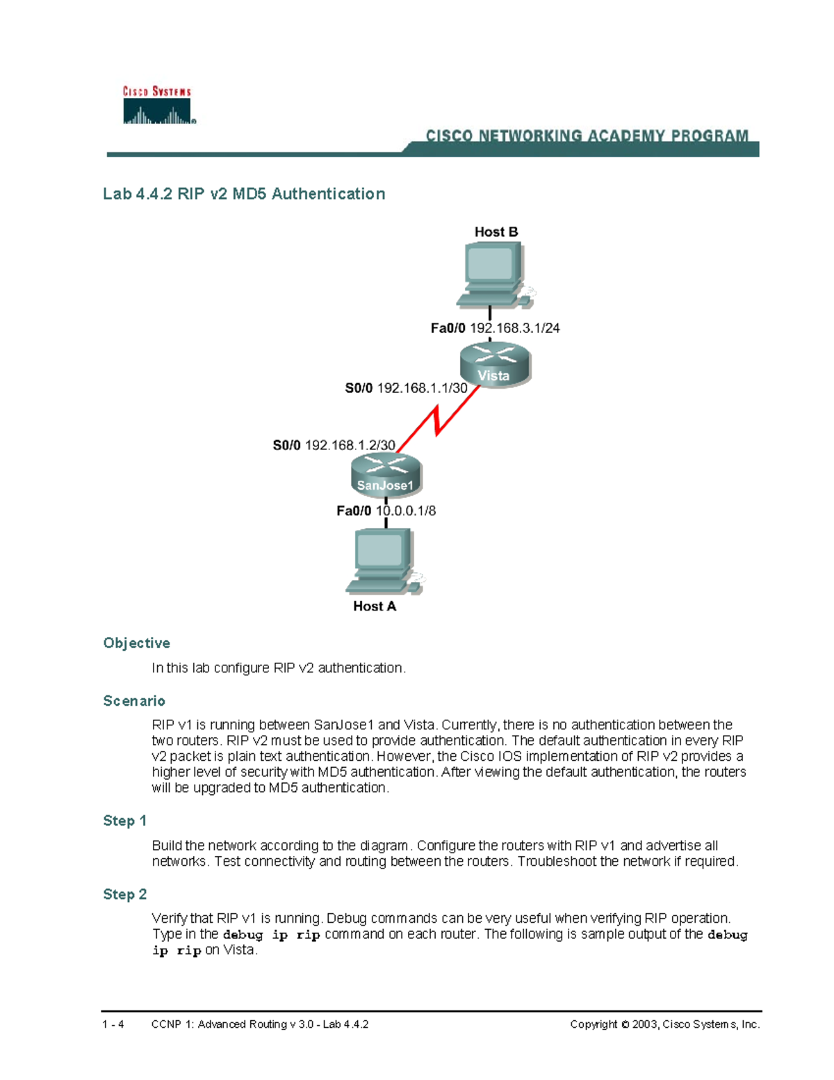 RIP v2 MD5 Authentication Lab 4.4 - Configuring Secure Routing - Studocu