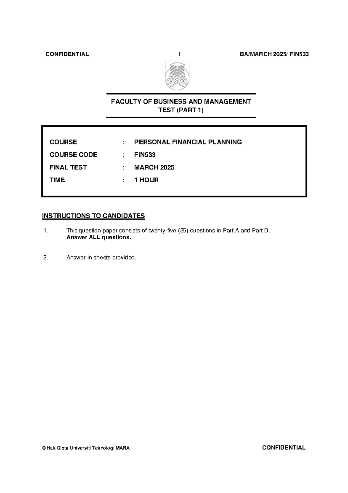 FIN533 Final Test Part 1: Personal Financial Planning - March 2025 ...