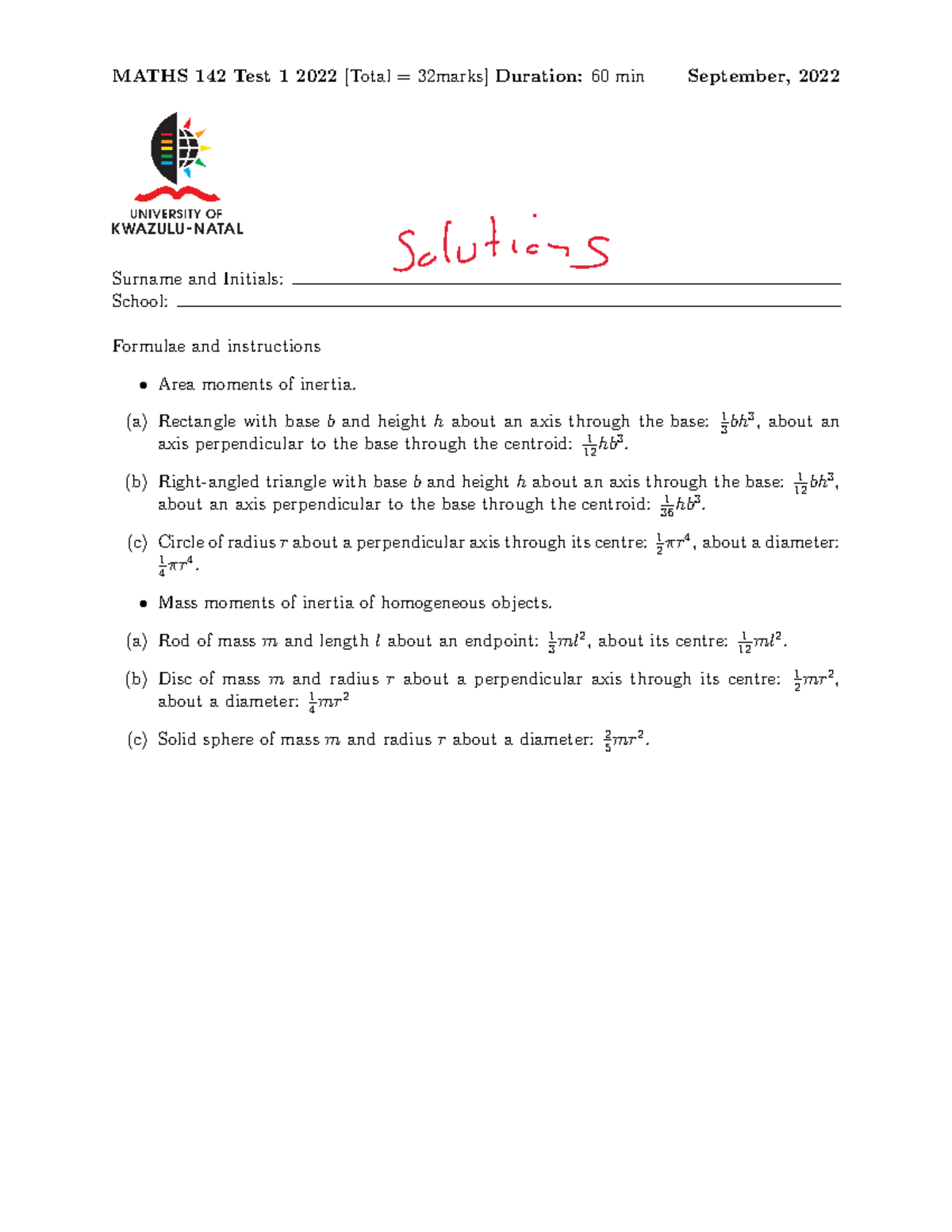 MATHS 142 Test 1 Solutions - September 2022 - Studocu