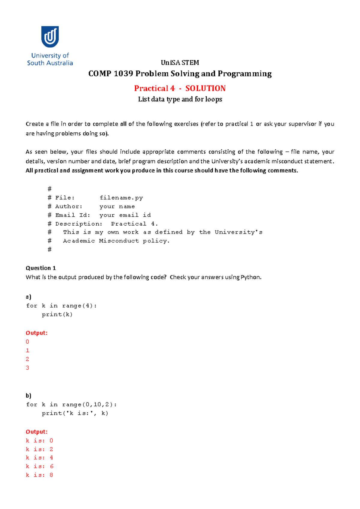 COMP 1039 Practical 04 - Solutions for Lists and Loops in Python - Studocu