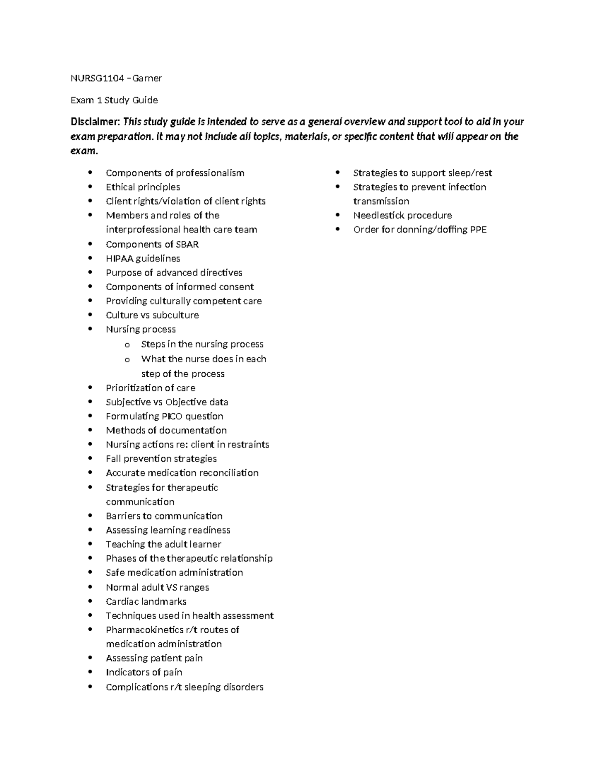 NURSG1104 Exam 1 Study Guide: Key Concepts & Prep Tips - Studocu