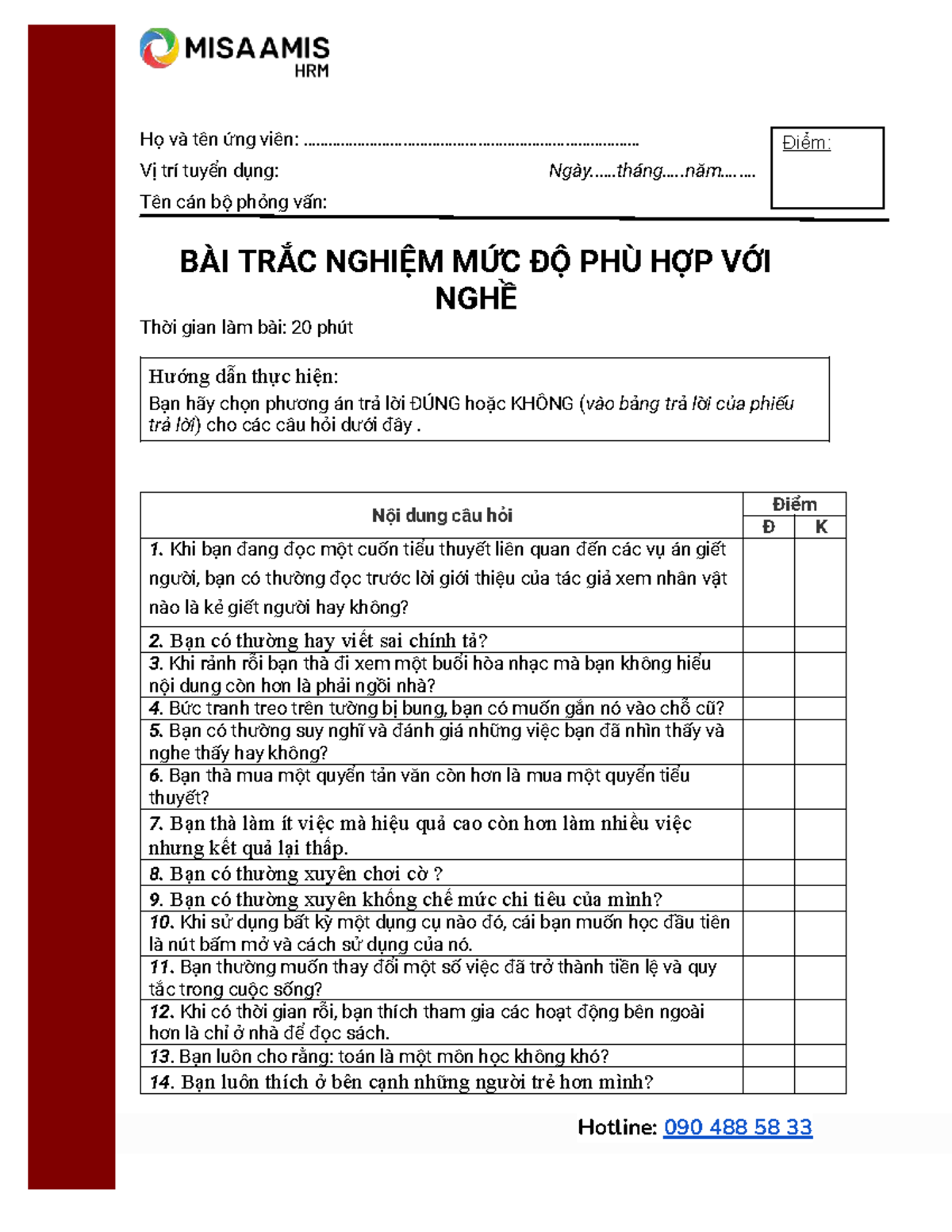 [MISA] Bài Test Mức Độ Phù Hợp Với Nghề - Đánh Giá Ứng Viên - Studocu