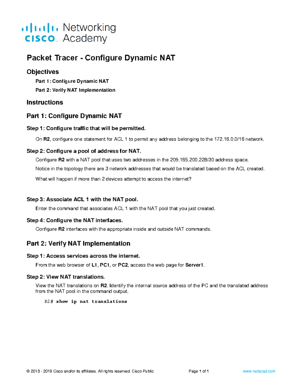 Dynamic NAT Configuration & Verification - Packet Tracer Activity - Studocu