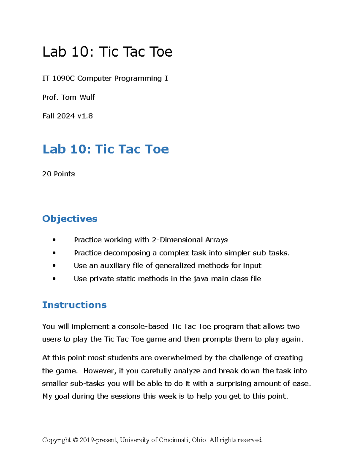 Lab 10: Console Tic Tac Toe Implementation for IT 1090C Fall 2024 - Studocu