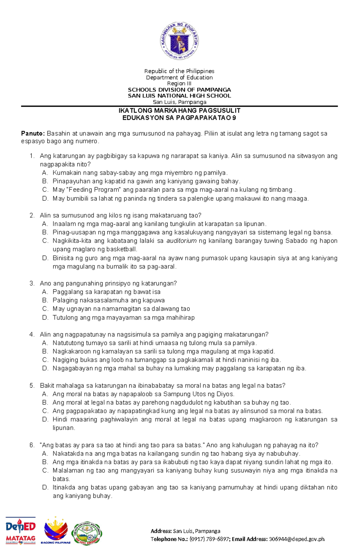 3rd Quarter Summative Test in Edukasyon sa Pagpapakatao 9 - Studocu