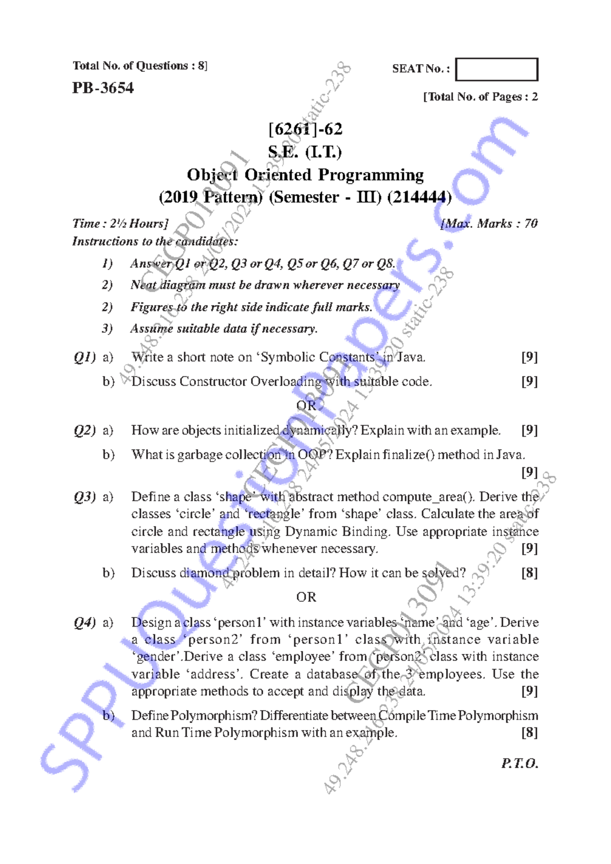 Object Oriented Programming (OOP) - Semester 3 Exam 2024 (2019 Pattern ...
