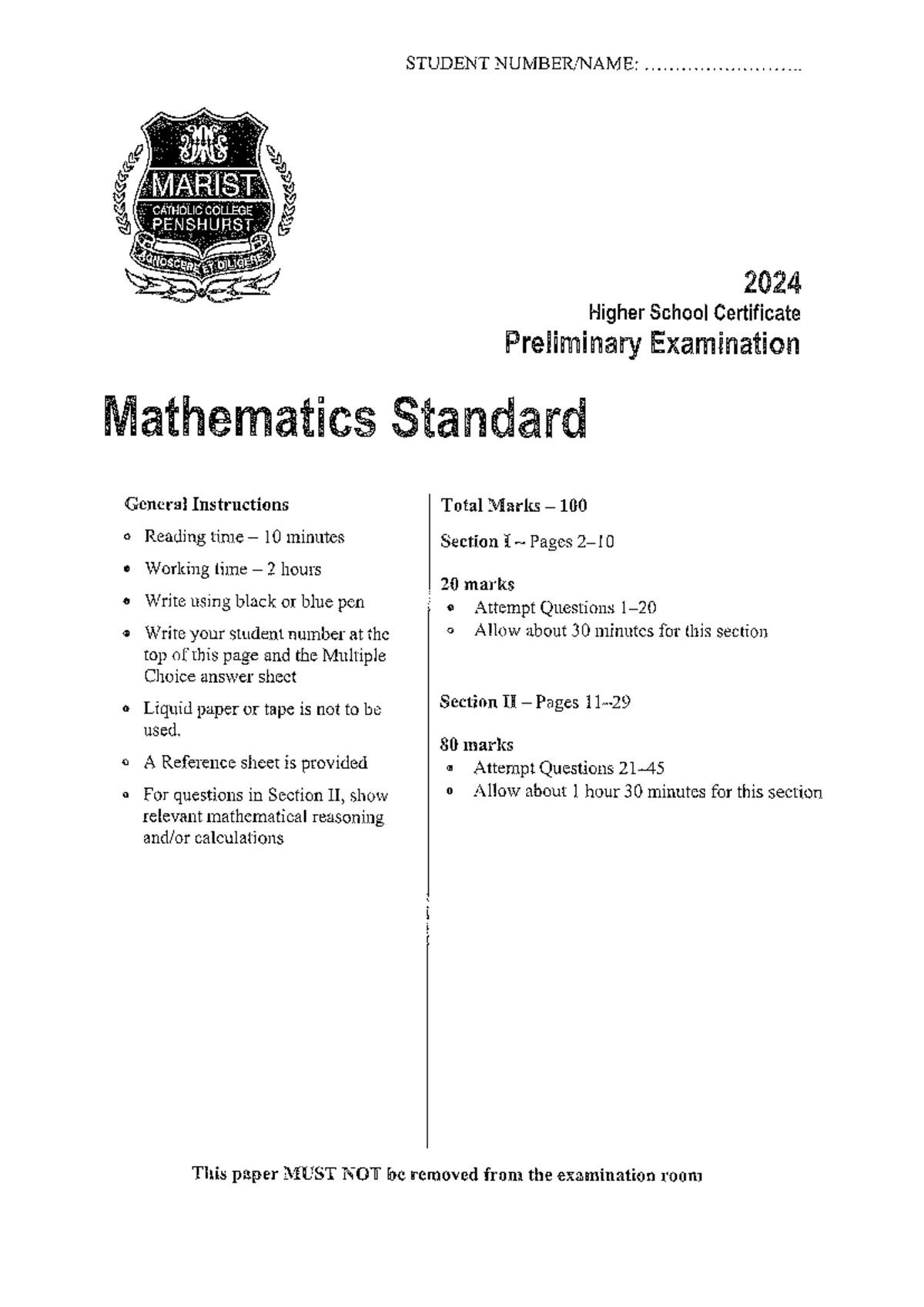 HSC Prelim 2024 Mathematics Standard Exam Paper - Studocu