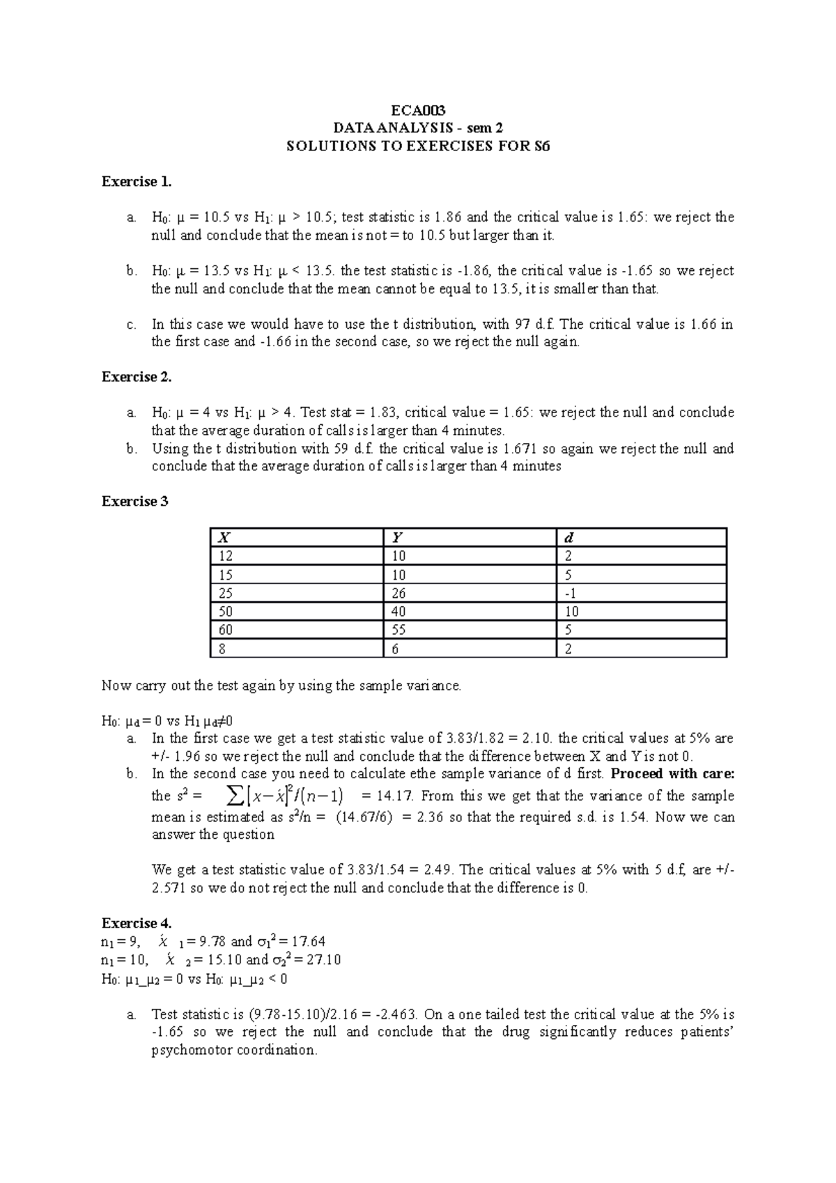 ECA DATA ANALYSIS SEM 2 SOLUTIONS S6 - Exercise Answers - Studocu