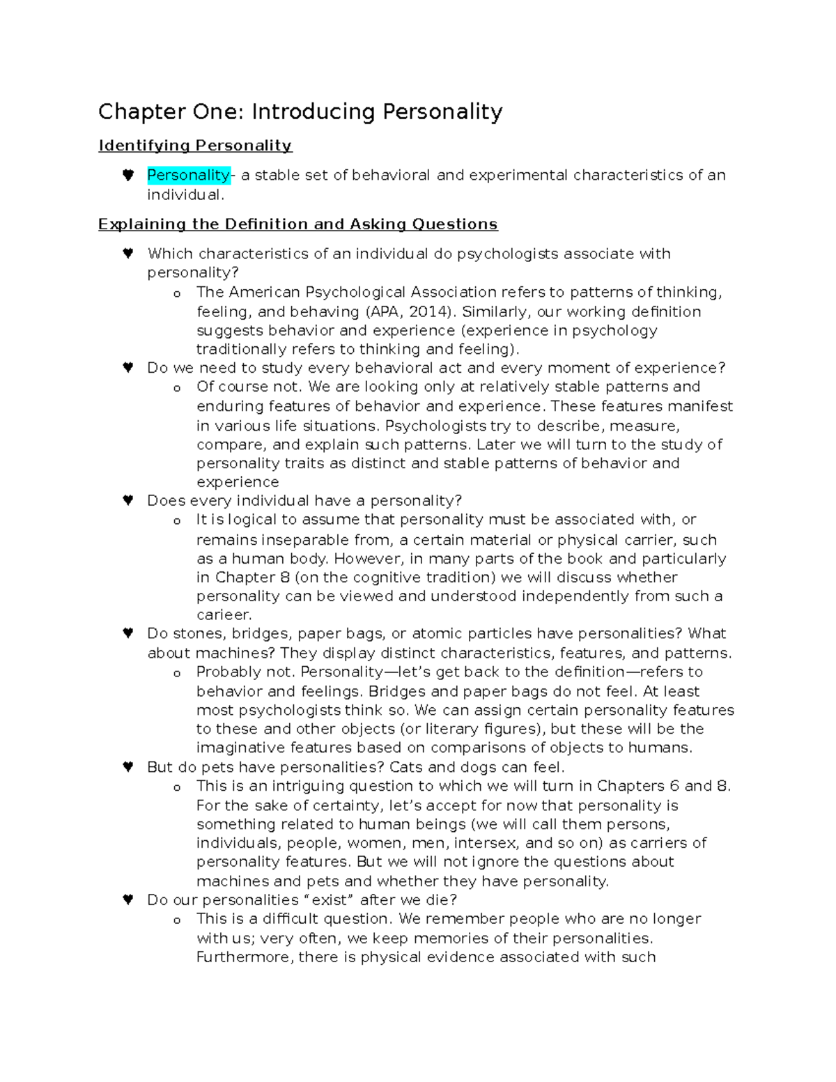 PSY355 Chapter 1 - Chapter One: Introducing Personality Identifying ...