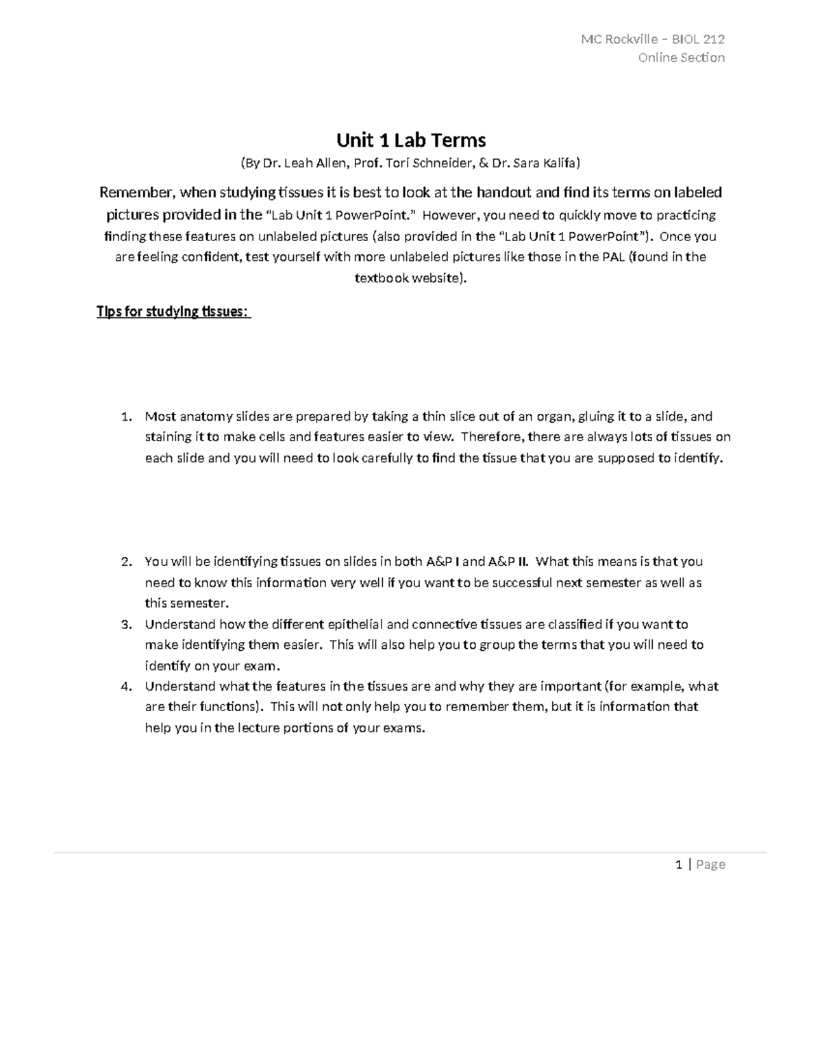 BIOL 212 - Unit 1 Lab Terms and Tissue Identification Guide - Studocu