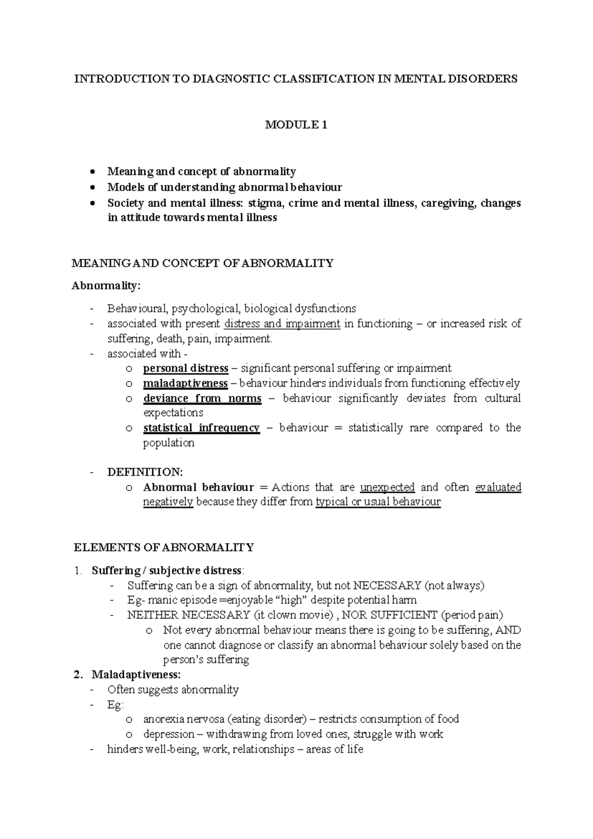 Module 1 (PSYC255) Notes: Understanding Abnormality in Mental Disorders ...
