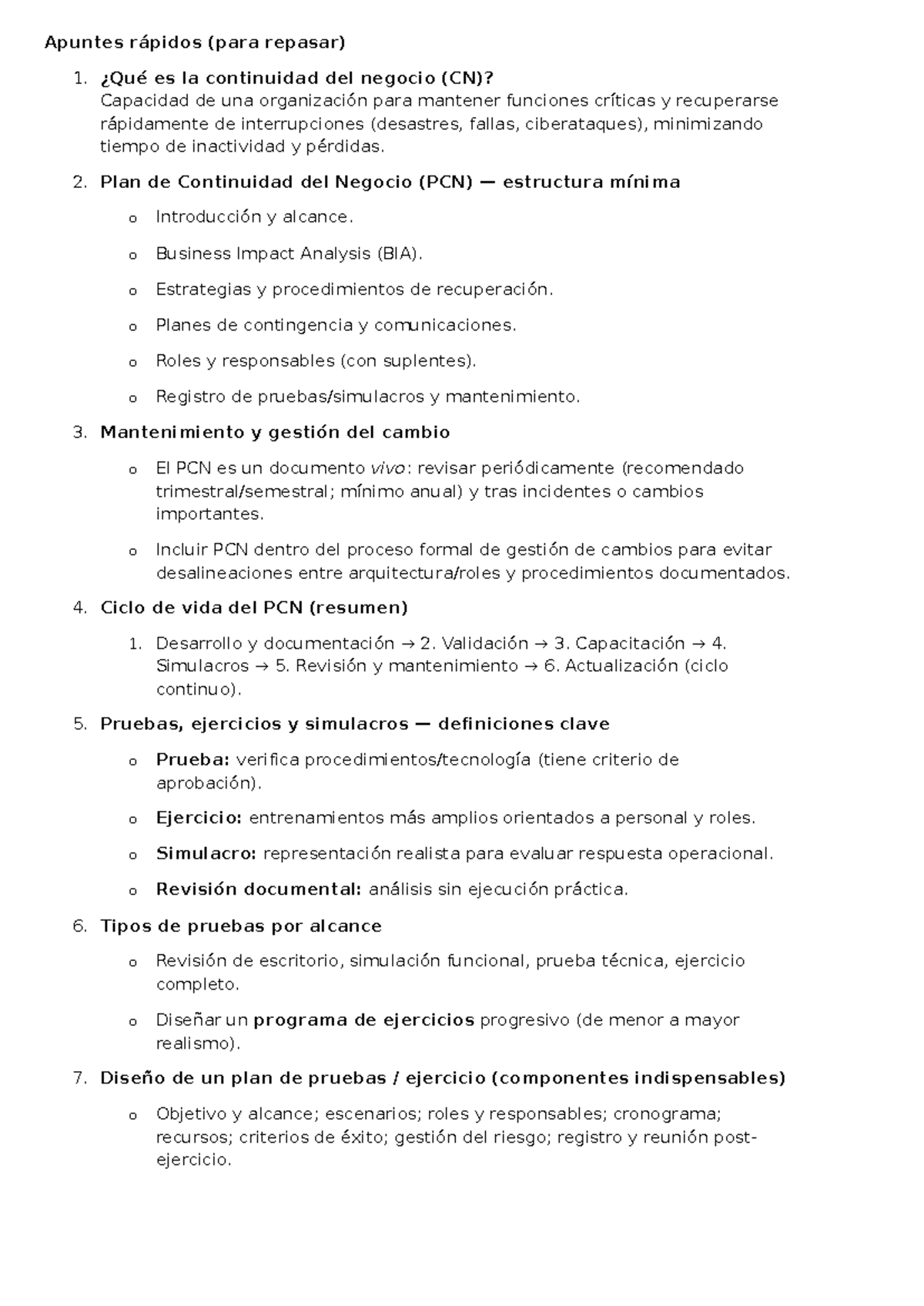 Apuntes de Examen 20: Continuidad del Negocio y PCN - Studocu