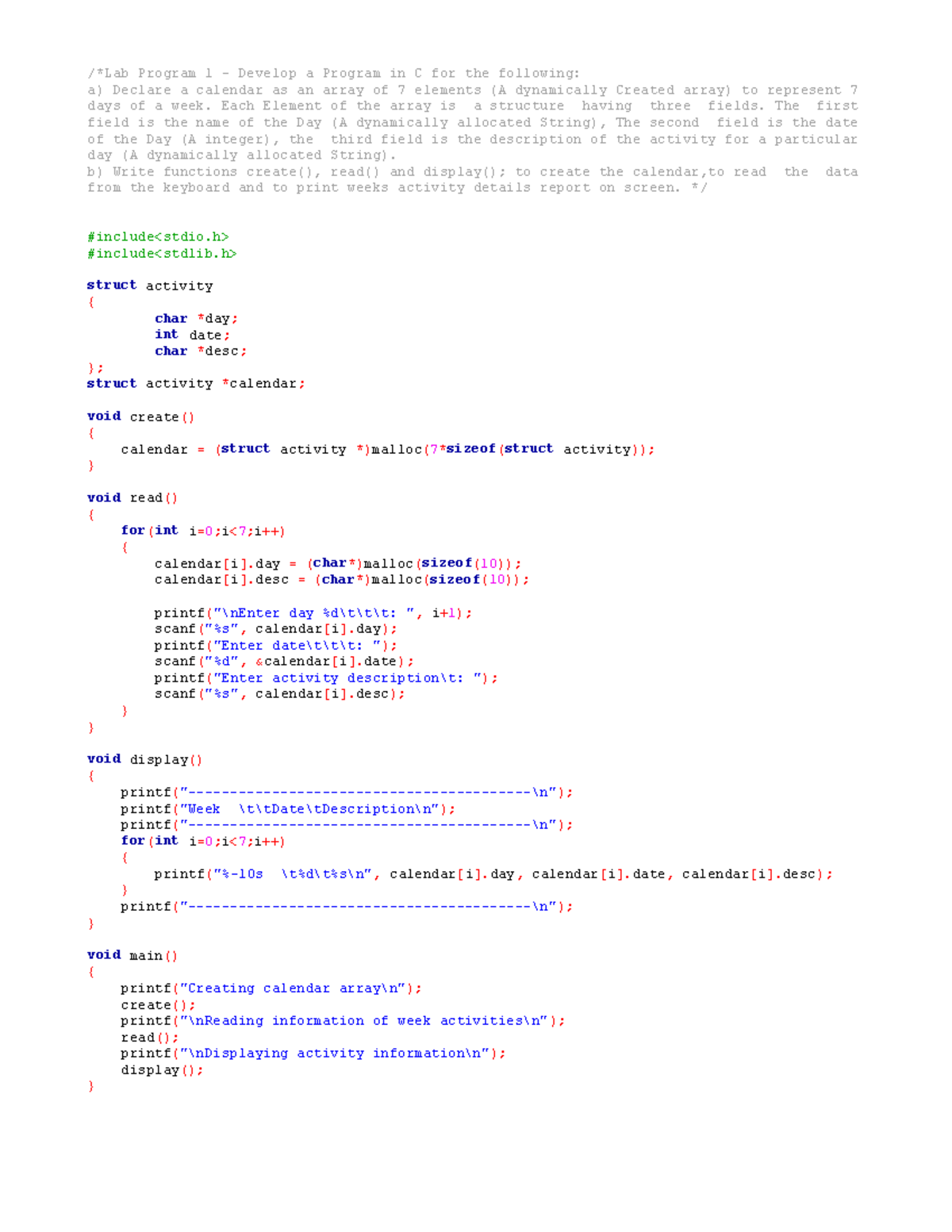 Lab 1 - C Program for Dynamic Weekly Calendar Structure - Studocu