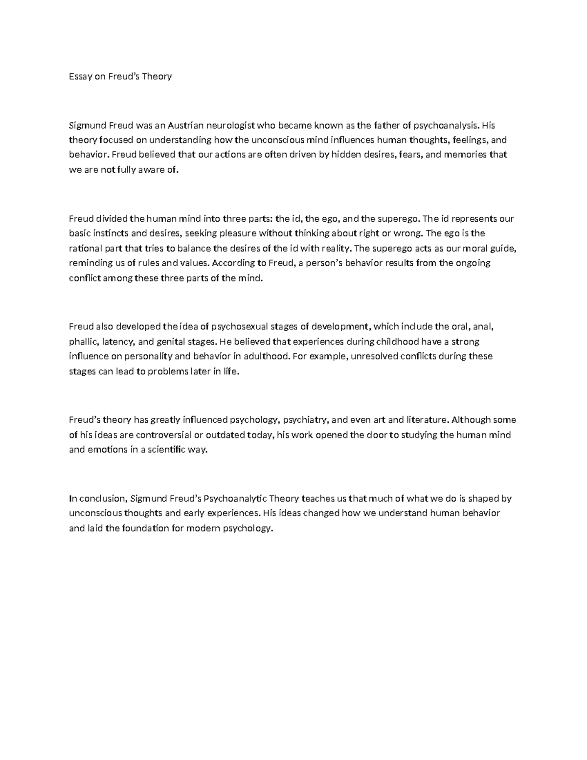 Essay on Freud's Psychoanalytic Theory (PSY 101) - Studocu