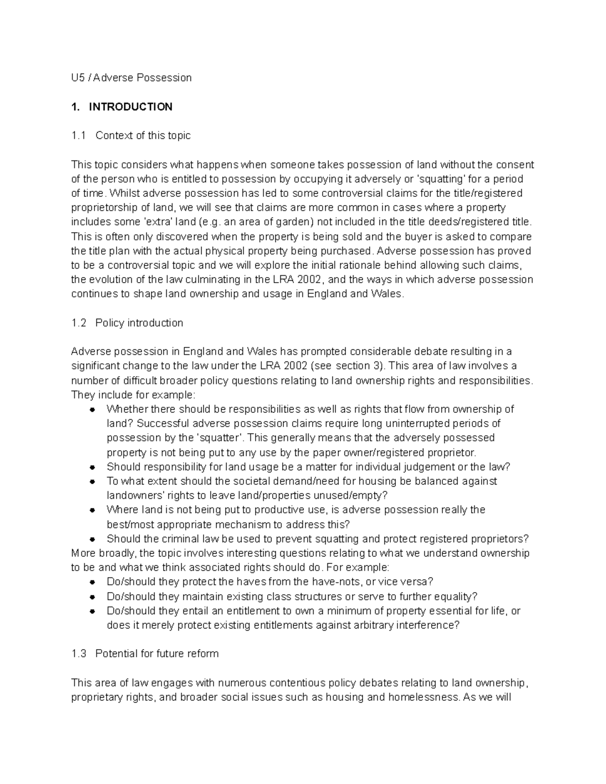 U5 Adverse Possession - Lecture Notes on Land Law (Ch. 17-20) - Studocu