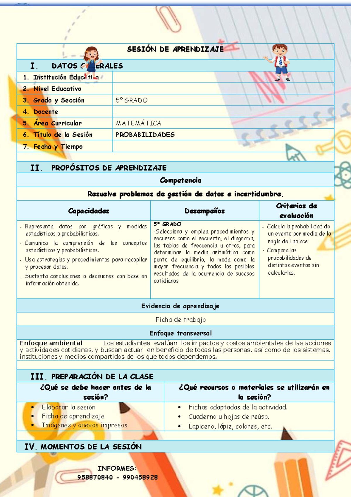 5º GRADO MAT - Sesión de Aprendizaje sobre Probabilidades - Document Preview